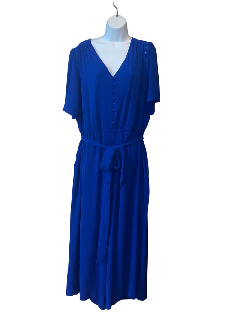 Blue V-Neck Button Front Midi jumpsuit with Tie Waist $15 or best offer